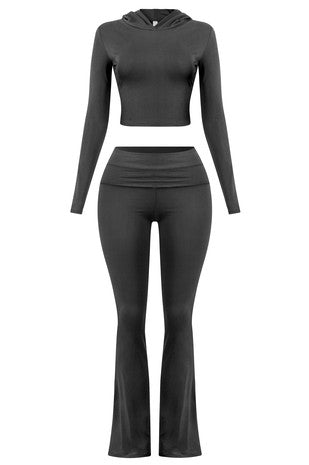 Brooke Cropped Hoodie & Flare Leggings (Black)