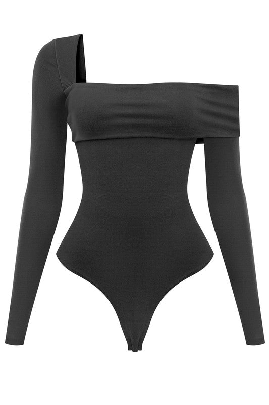 Catching Feelings Asymmetrical Bodysuit- Black