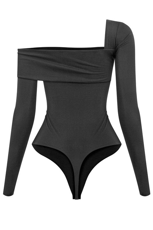 Catching Feelings Asymmetrical Bodysuit- Black