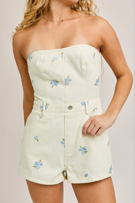 Floral Breeze Strapless Denim Romper