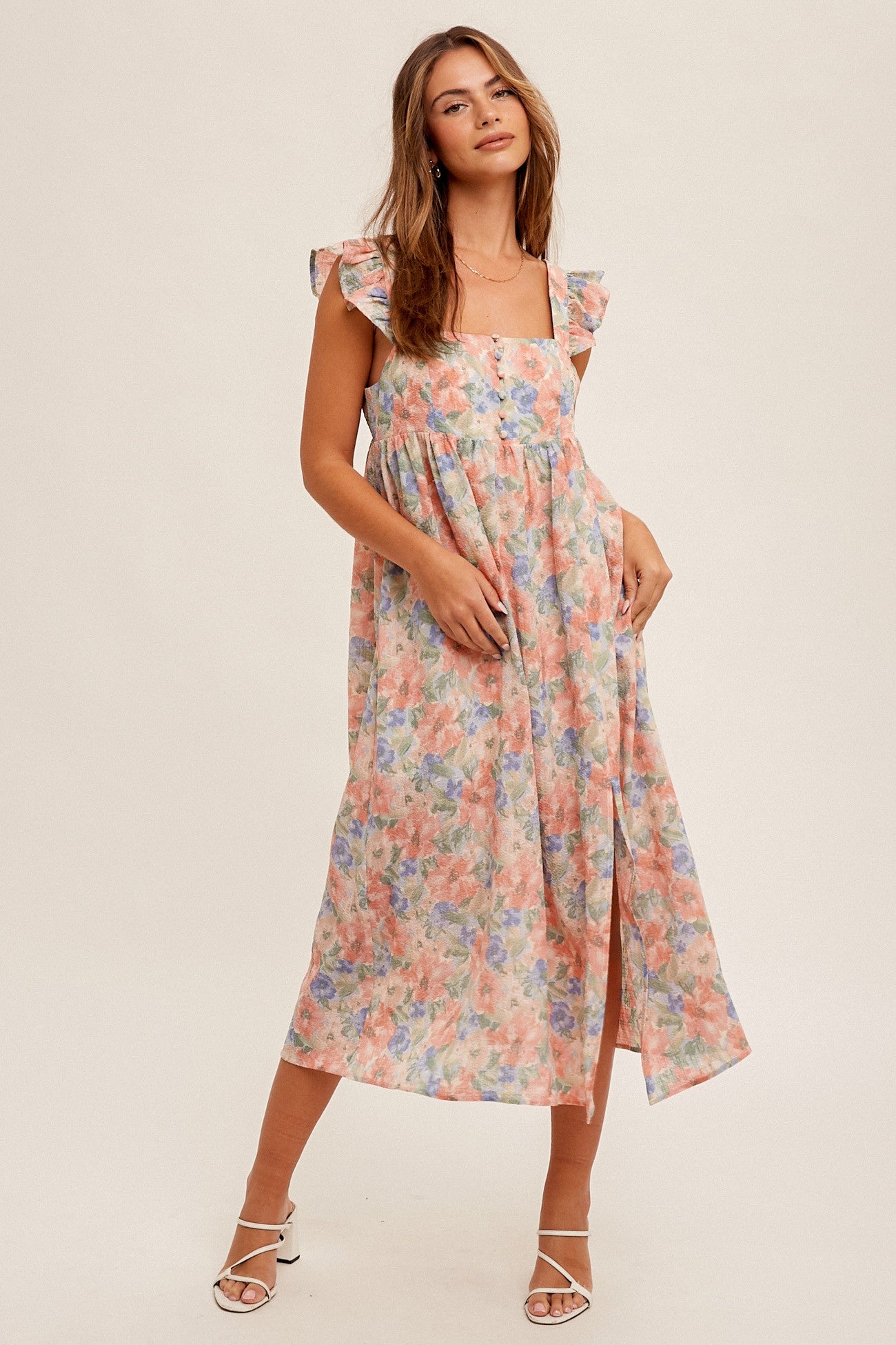 Camila Floral Print Ruffle Sleeve Midi Dress (Rose Pink)