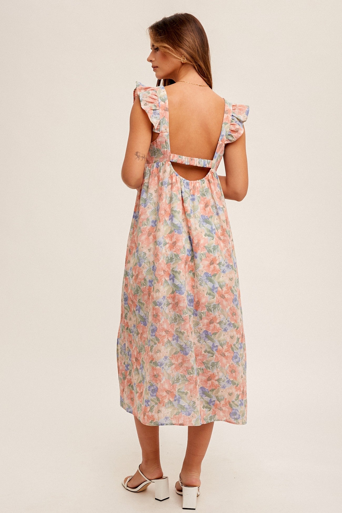 Camila Floral Print Ruffle Sleeve Midi Dress (Rose Pink)