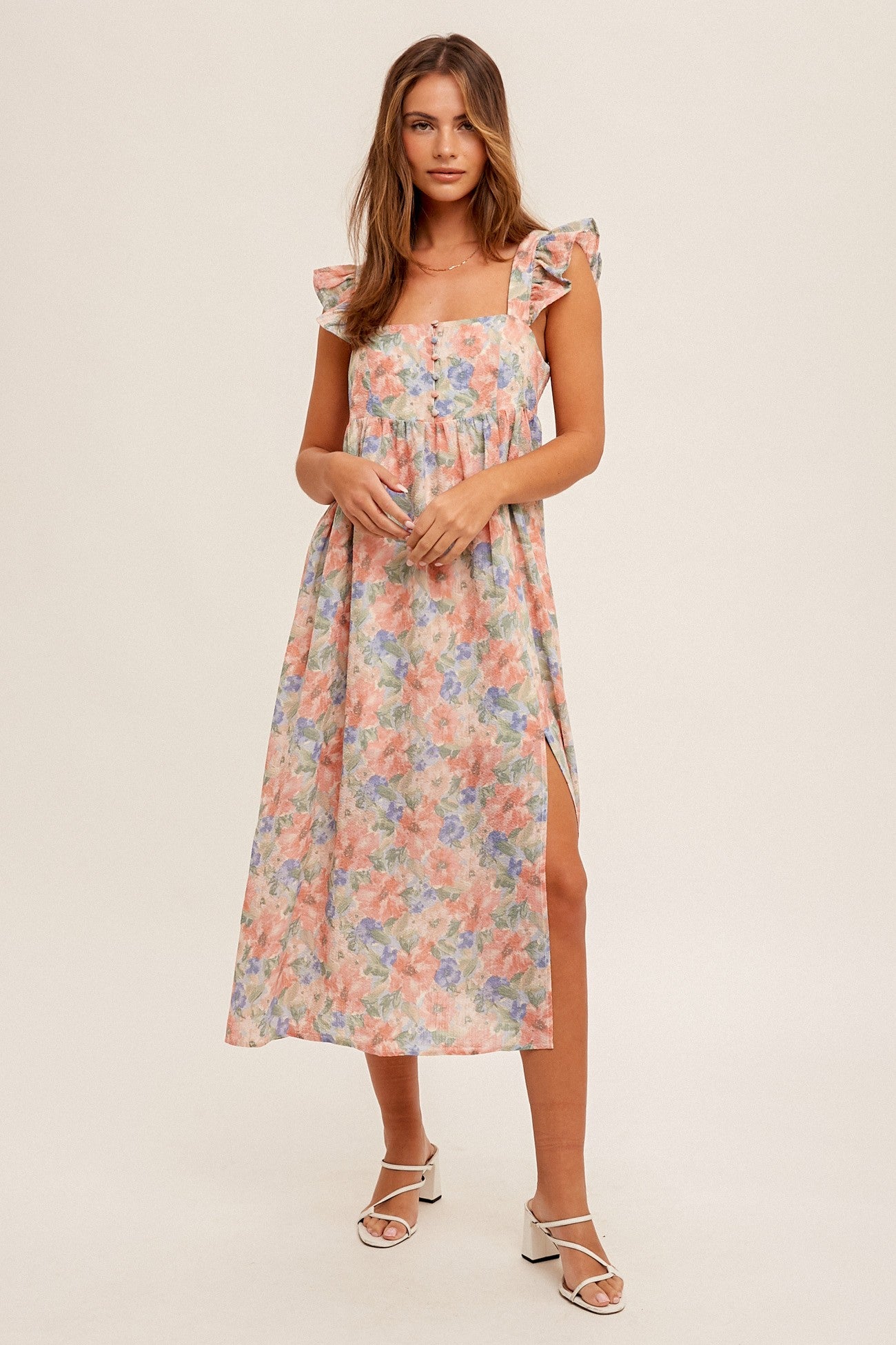 Camila Floral Print Ruffle Sleeve Midi Dress (Rose Pink)