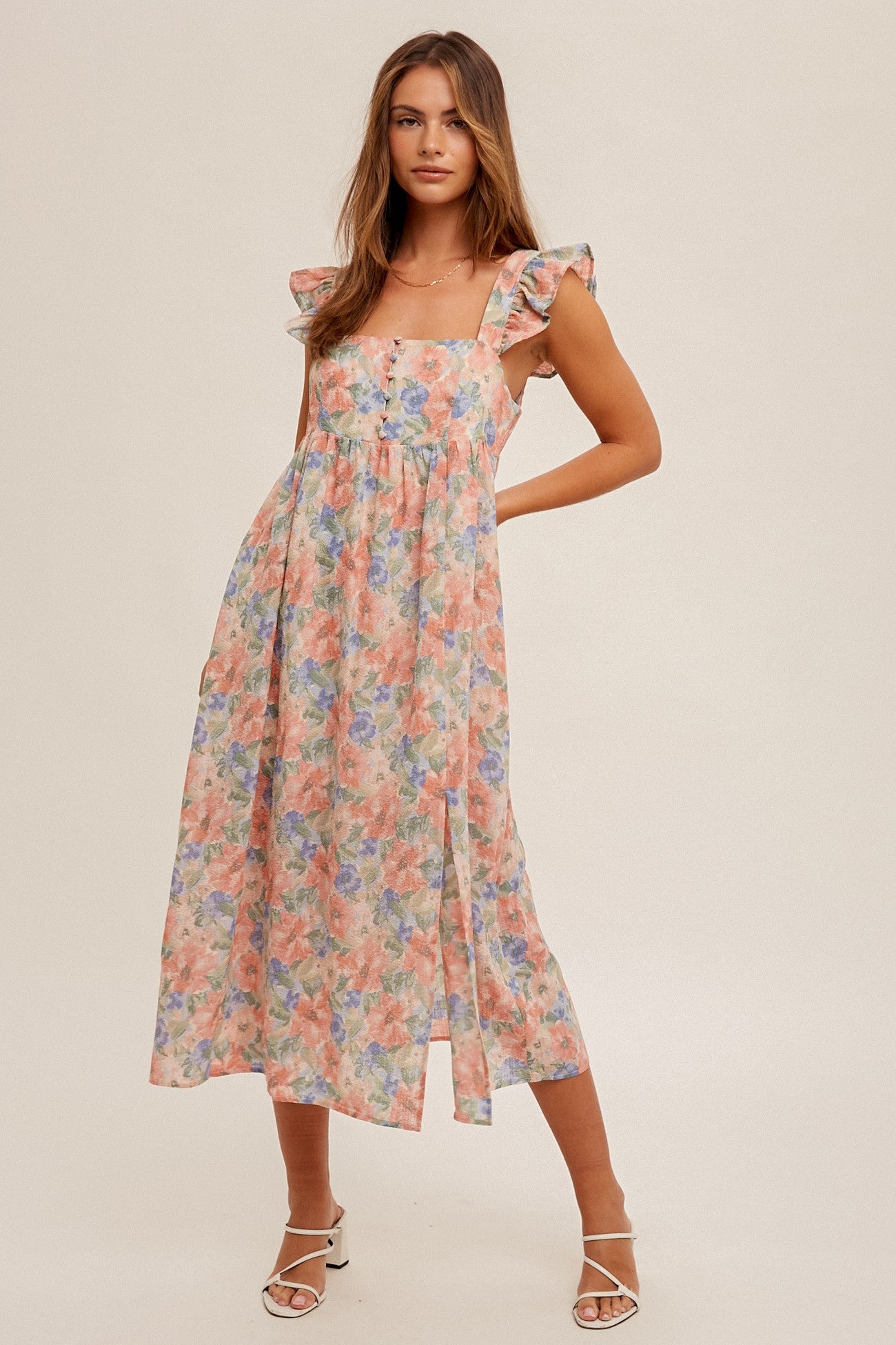 Camila Floral Print Ruffle Sleeve Midi Dress (Rose Pink)