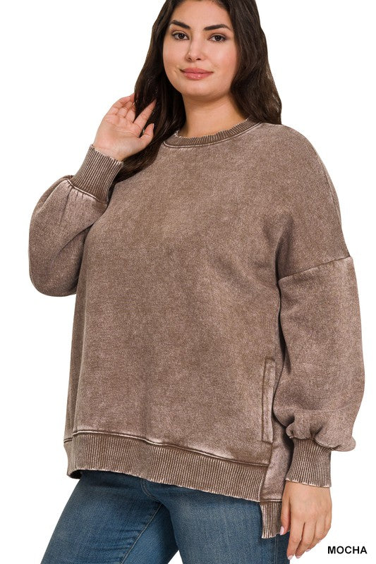 Plus Acid Wash Fleece Hi-Low Hem Pullover (Mocha)